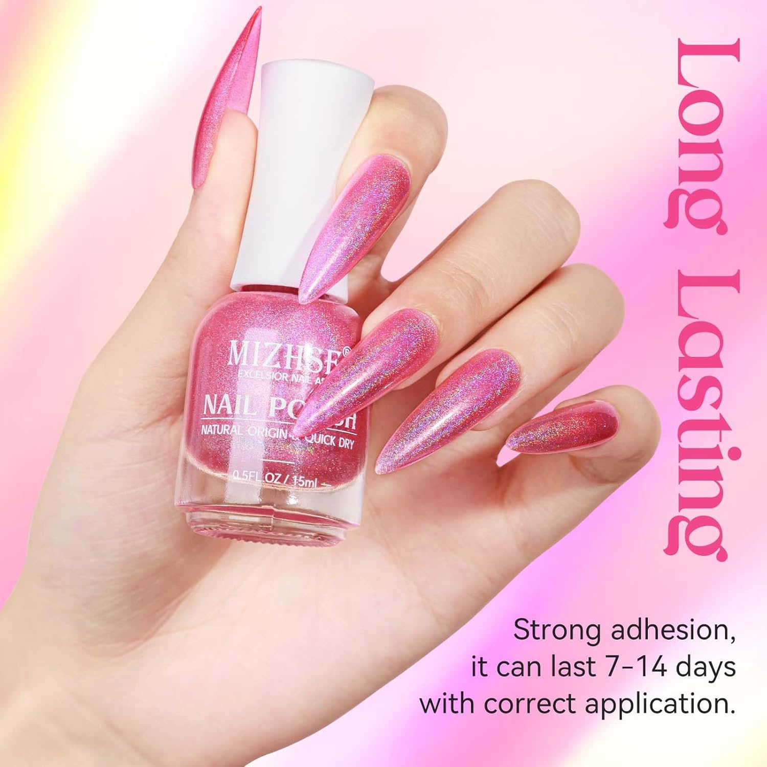 MIZHSE Holographic Nail Polish, Pink Glitter Nail Polish Air Dry Fast, 15 ml High Glossy Shimmer Nail Pigment Oil-based Laser Iridescent Nail Lacquer Chrome Halo Nail Art Salon Manicure Home - Image 3