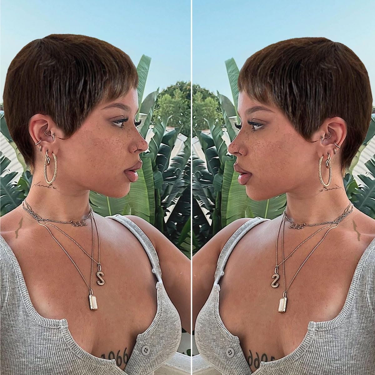 Pixie Cut Wig Human Hair Chocolate Brown Short Human Hair Wigs for Women Short Straight Hair Wigs with Bangs for Black Women Full Machine Made Wigs Brown Short Hair Glueless Wigs Human Hair (4#) - Image 2