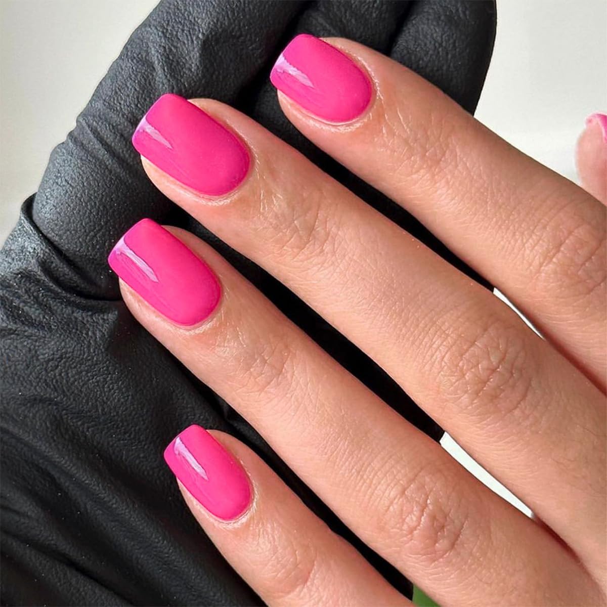 Hot Pink Press on Nails Short Square Fake Nails Pink False Nails with Designs Solid Colour Acrylic Glossy Full Cover Glue on Nails Press ons Cute Artificial Stick on Nails for Women Manicure 24 Pcs - Image 3