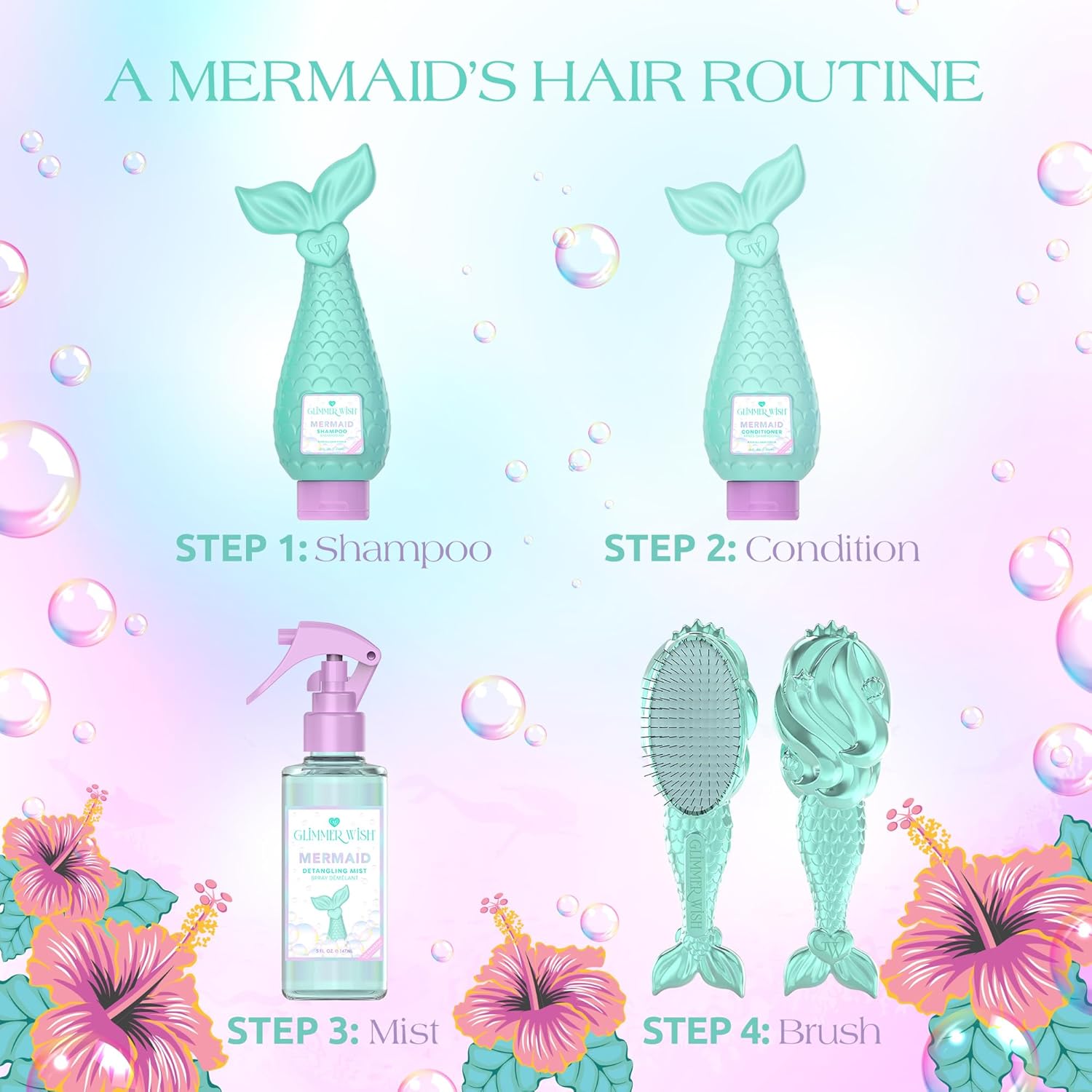 Glimmer Wish Mermaid Detangling Hair Brush for Kids - Anti Frizz and Anti Static - Soft and Long Bristles to Detangle With Ease - Gentle on Hair Kids Hair Brush - Image 6