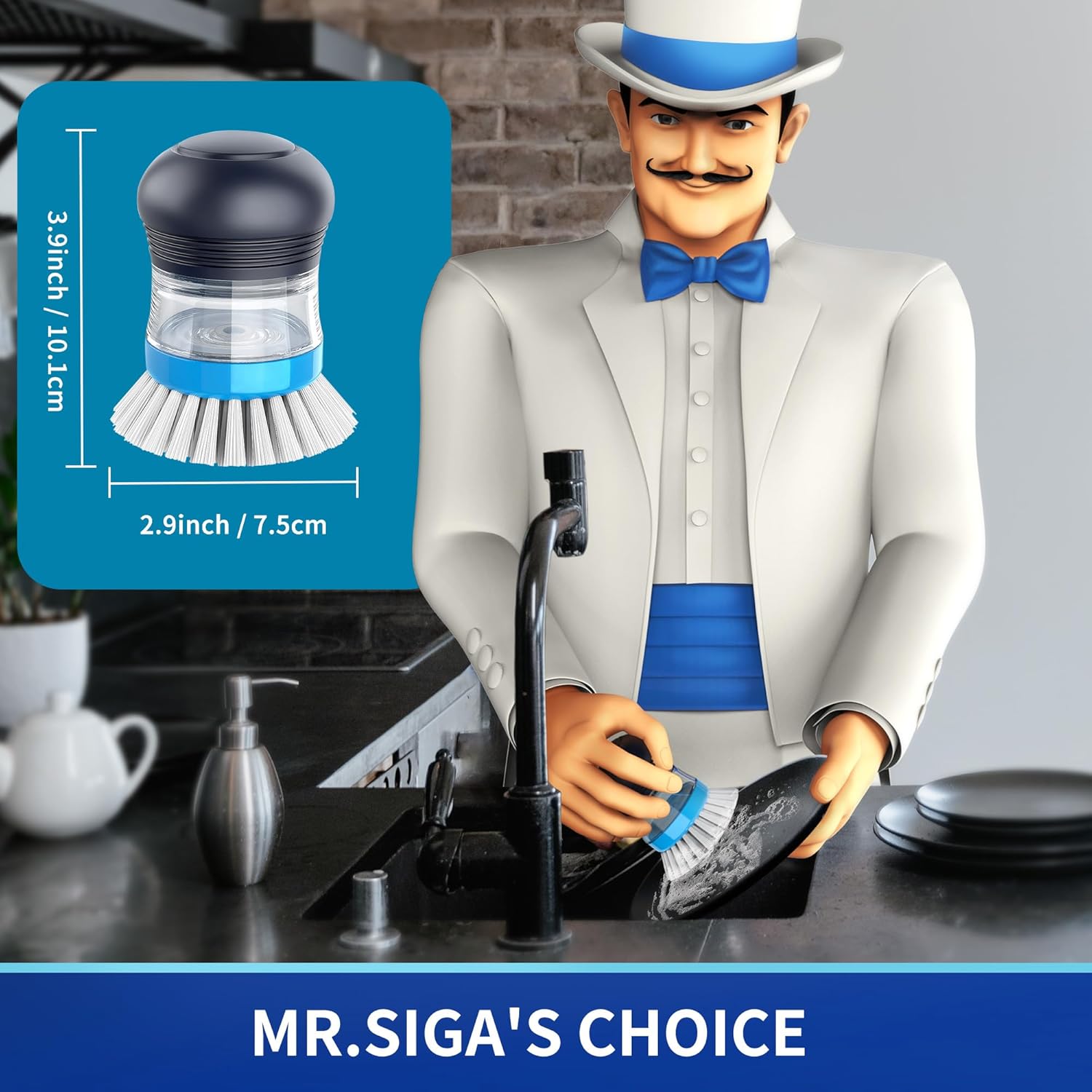 MR.SIGA Soap Dispensing Palm Brush, Kitchen Brush for Dish Pot Pan Sink Cleaning, Pack of 1, Navy/Blue - Image 2