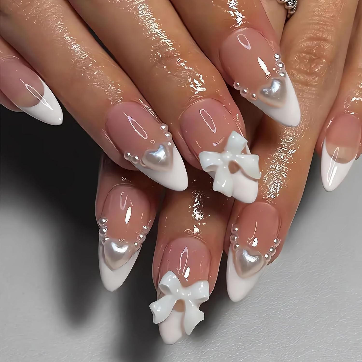 Almond Press on Nails White French Tip Fake Nails Medium Length Acrylic Nails Press ons with Bow Charms Designs Cute White Pearls Glue on False Nails Reusable Stick on Nails 24pcs