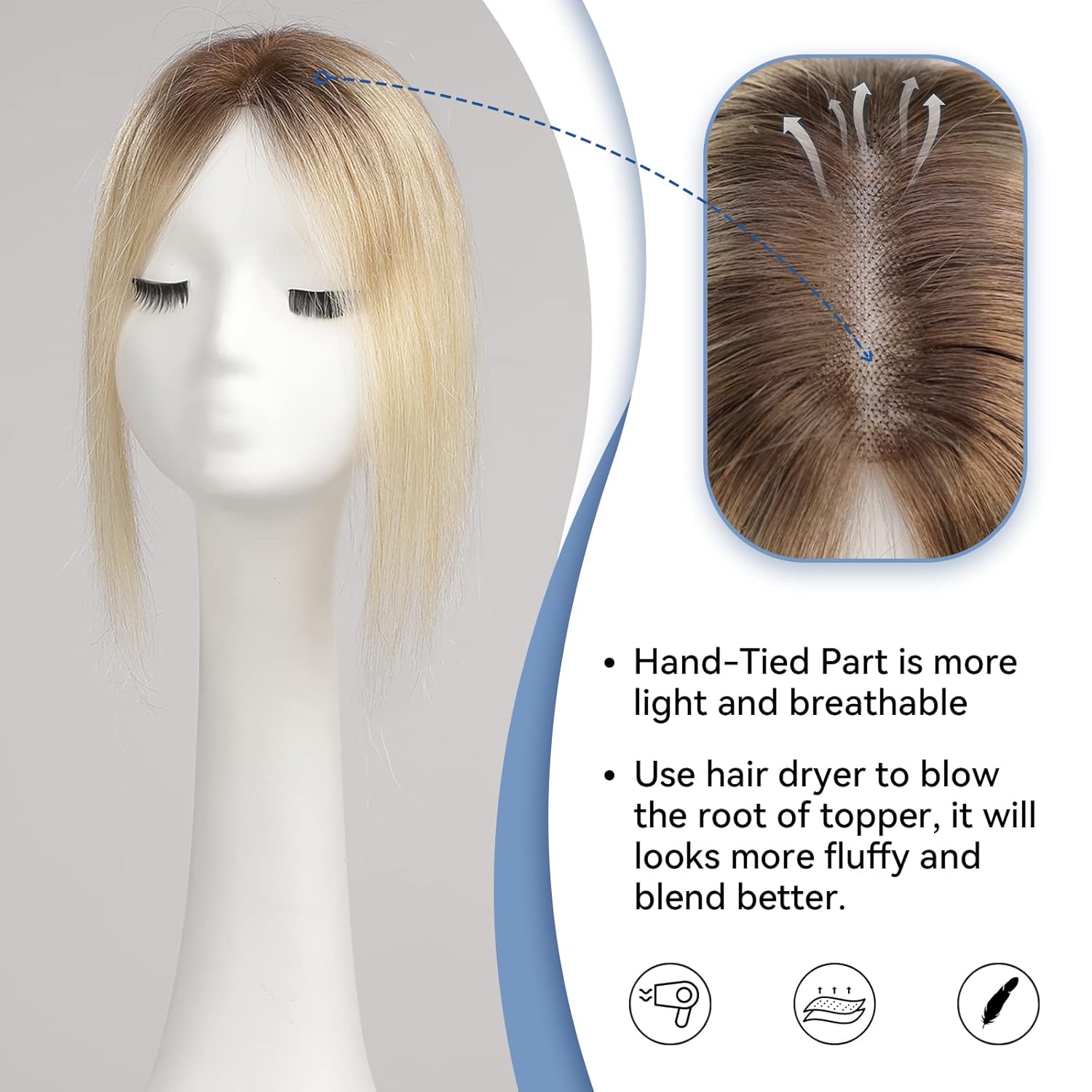 EMMOR Human Hair Topper For Women, 100% Remy Human Hair For Women With Thinning, Three Clips on Topper, 3.5inΓ4in Hand-Tied, 12 inch - Ombre Light Blonde - Image 3