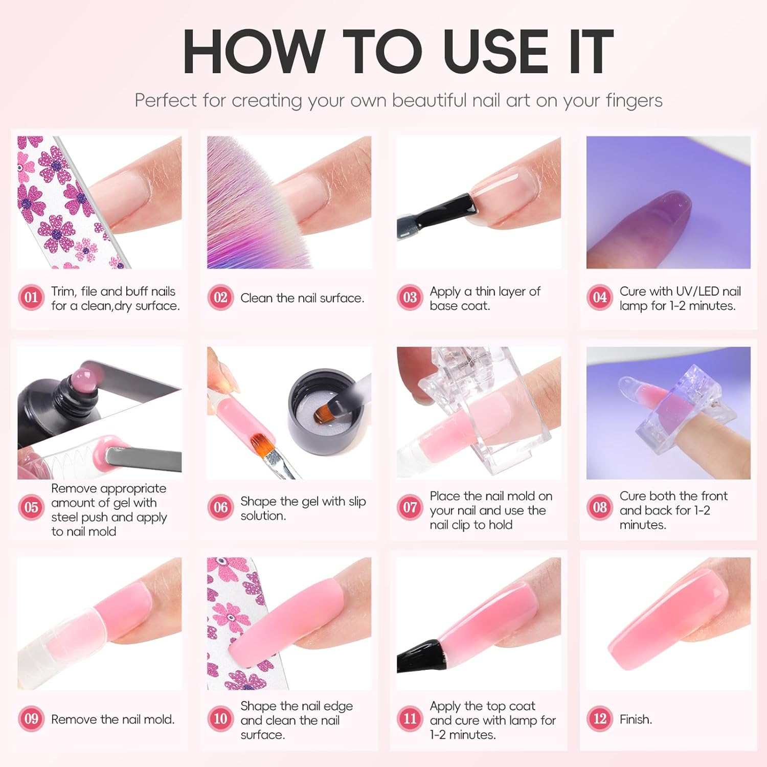 PEACECOLOR 36Pcs Poly Nail Gel Kit with Drill U V Light, 15 Colors Hot Pink Nude Blue Purple Nail Extension Gel with Slip Solution Glossy Matte Top Coat Starter Kit Home Salon DIY - Image 8