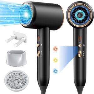 Ionic Hair Dryer,Blow Dryer, with Diffuser & Concentrator Nozzle,Secadora de Pelo | 1875W Turbo Ultra-Quiet Motor | 2 Heat & 3 Speed Settings | Quick Heat-Up & Constant Temperature,Black