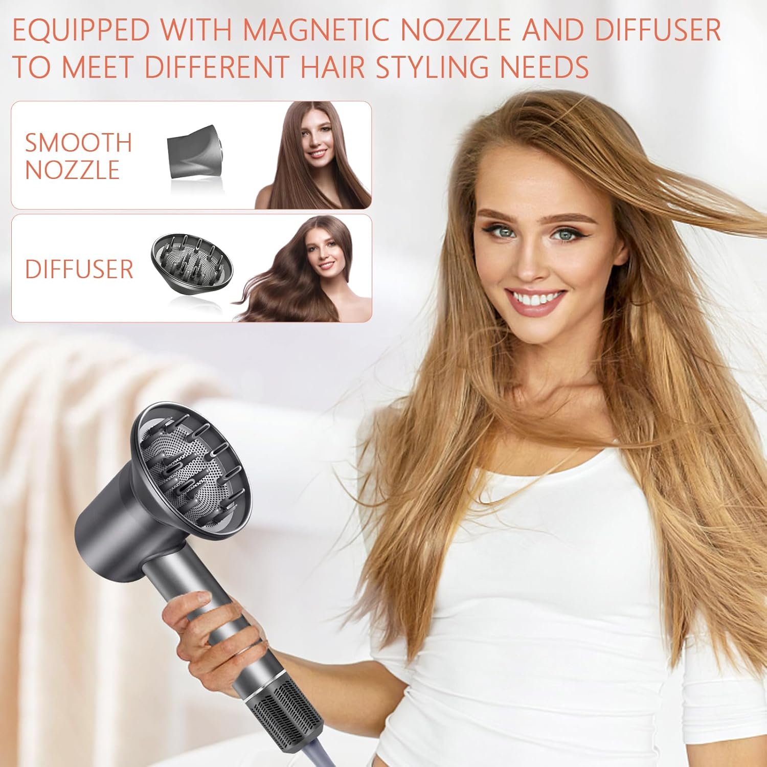Hair Dryer, 110000 RPM Brushless High-Speed Hair Dryer 1500W Motor Negative Ionic Blow Dryer, Low Noise Hairdryer with Nozzle Diffuser - Image 2