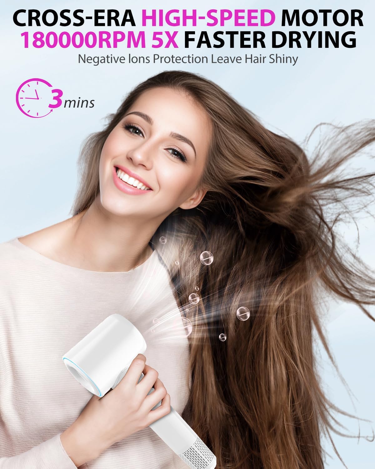 Hair Dryer Blow Dryer,180000 RPM High-Speed Brushless Motor 500 Millions Negative Ionic hairdryer for Fast Drying, Quiet Thermo-Control Hair dryers for Women Home Travel Salon (White) - Image 2