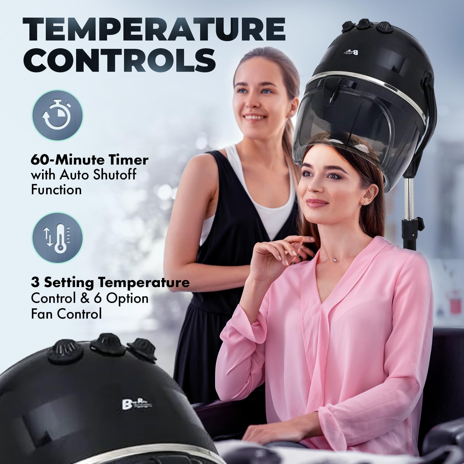 Buy-Rite Meredith 880 Watt Salon Hair Dryer, Sturdy 5-Star Caster Fully Adjustable Height, 60 Minute Timer, Automatic Shut-Off, Numerical Temp Control & 6 Option Fan Control, MEI-1028 - Image 4