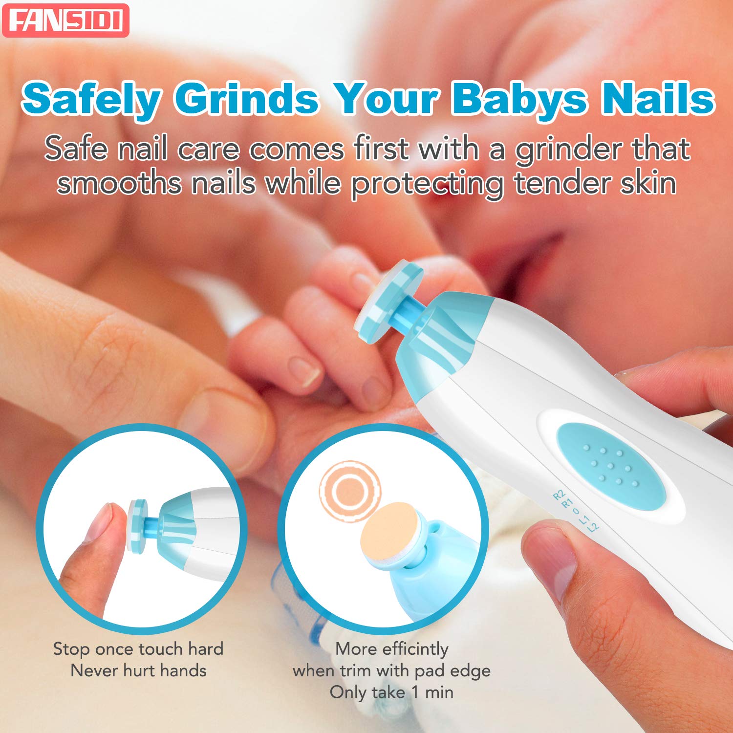 Baby Nail Clippers, FANSIDI Safe Baby Nail Trimmer Baby Nail File Electric with 10 Filing Pads 8 Sandpapers for Newborn Infant Toddler or Adult Toes Fingernails Care - AA Battery Operated (White/Blue) - Image 5