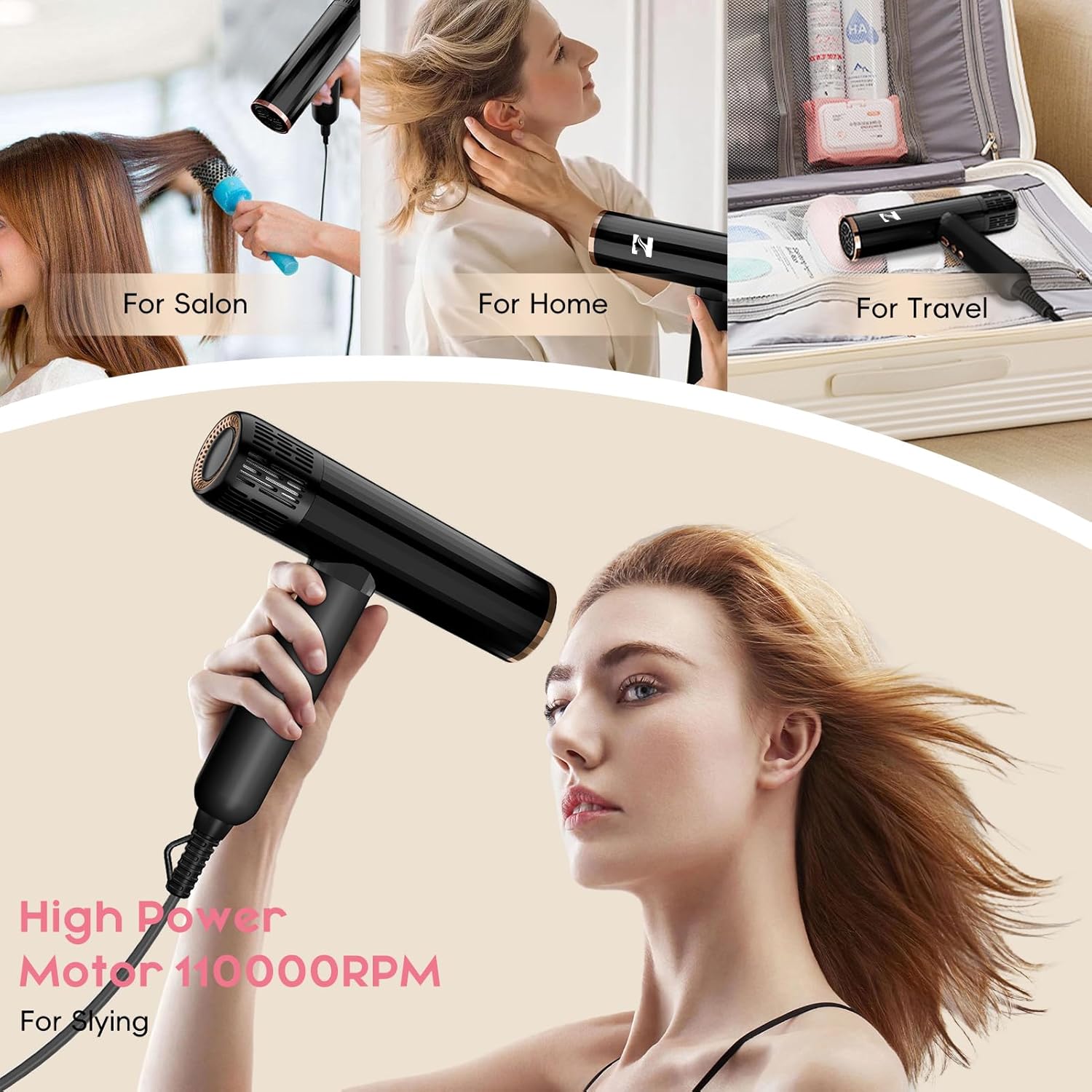 Nicebay Hair Dryer, Ionic Blow Dryer with Diffuser, 1600W &110000RPM High-Speed Brushless Motor for Fast Drying, Lock Function, Constant Temperature, Lightweight - Image 4