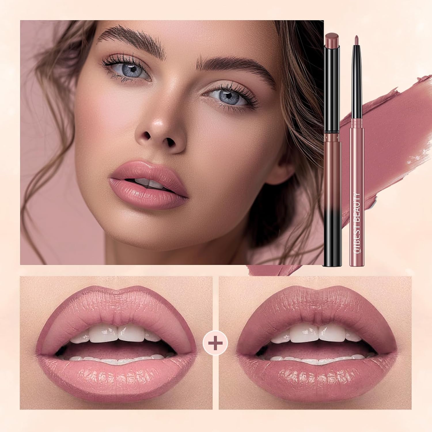 QiBest Nude Rose Pink Cream Lipstick with Lip Liner Makeup Set for Women, Soft Matte Lip Stick Silk Finish with LipLiner Pencil 24 Hours Original Waterproof Labials, Velvety & Non-Drying Formula - Image 4