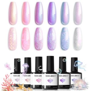 Modelones Gel Nail Polish, 6 Colors Shimmer Pearl White Pink Purple Mermaid Nail Drawing Glitter Gel Polish with Dotting Pen Soak Off Led Nail Polish Swirl Shell Thread Effect Summer Manicure DIY Gift