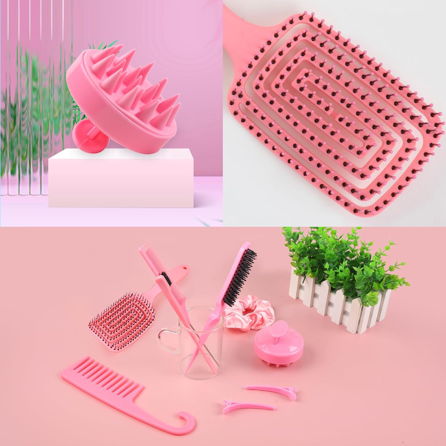 Hair Brush Set, 12 pcs Detangler Brush with Hair Spray Bottle, Scalp Massager for Wet Dry Curly Hair, Bristle Hair Brush Hair Comb for Women Girl (Pink, Purple) - Image 3