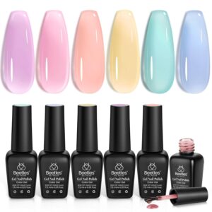 Beetles Pastel Gel Nail Polish Set, 6 Colors Summer Jelly Gel Polish Kit Pink Blue Purple Orange Yellow Green Translucent Effect Soak Off UV Candy Sweet Collection French Nail Gift for Women