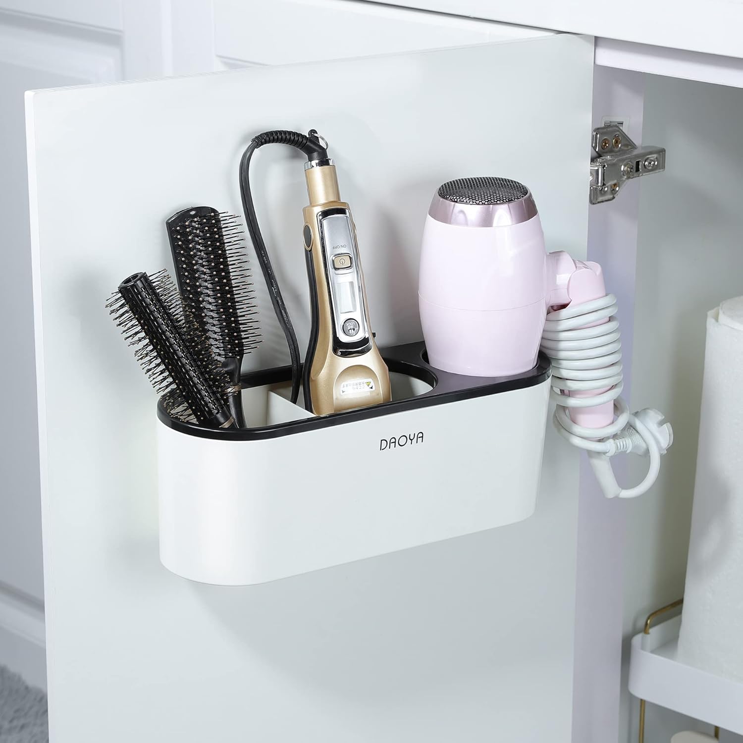 Hair Dryer Holder - White Tool Organizer Blow Cabinet Door, Bathroom Curling Iron for Straightener Styling Tools Storage - Image 2