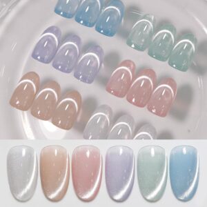 Born Pretty Cat Magnetic Eye Gel Nail Polish, Holographic Glitter Milky Jelly Cat Magnetic Gel Pastel Blue Green Purple Pink Nude Silver Nail Art Gel Manicure Salon DIY Gifts 7ML 6PCS