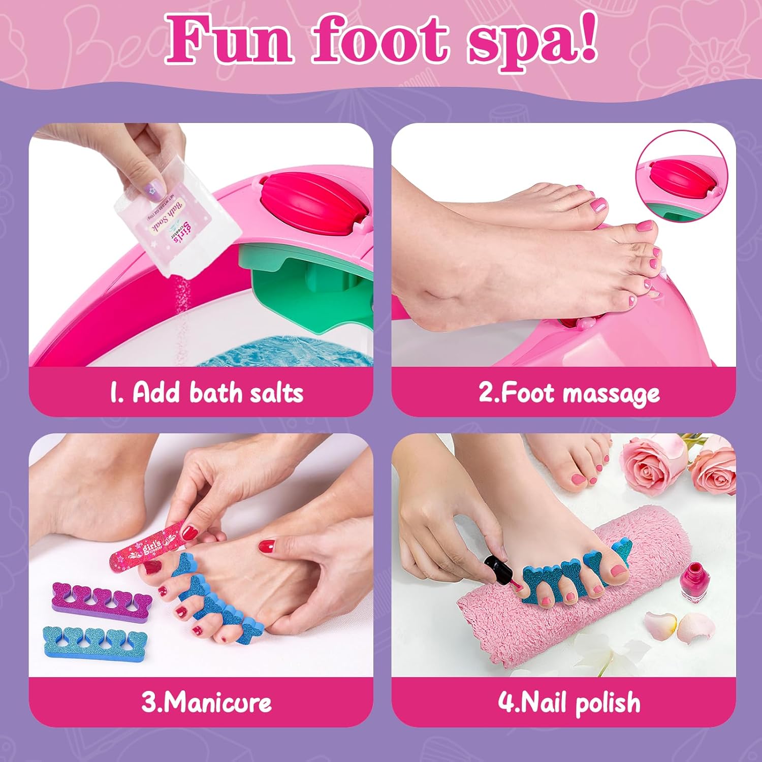 Kids Foot Spa & Nail Kit Set, Kids Spa Day Kit for Girls, Massage Foot Soak Tub and Nail Dryer, Manicure Pedicure Art Salon Girl Gift for 5-12, Christmas Birthday Gifts - Image 8