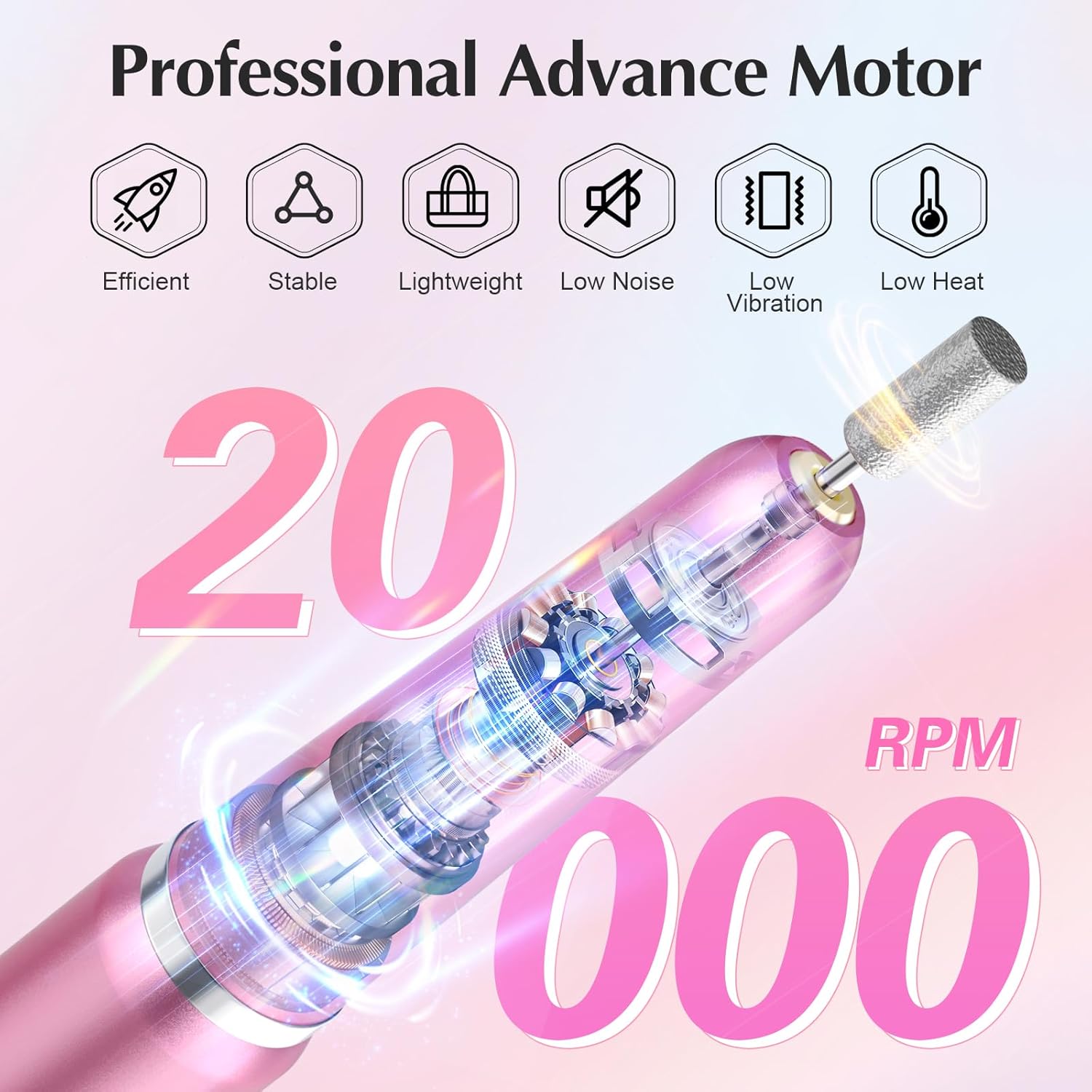 JIASHENG USB Electric Nail Drill, Portable Electric Nail File for Acrylic Gel Nails, Professional Drill Nail Kit Manicure and Pedicure Kit with Drill Bits for Home and Salon Use, Pink - Image 3