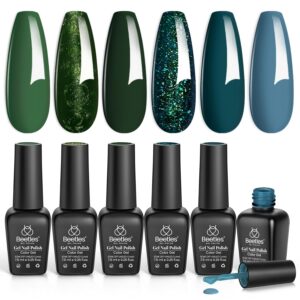 Beetles Green Gel Nail Polish Set 6 Colors Forest Dark Green Gel Nail Polish Soak Off Uv LED Nail Lamp Gel Nail Kit Home DIY Manicure Nail Salon