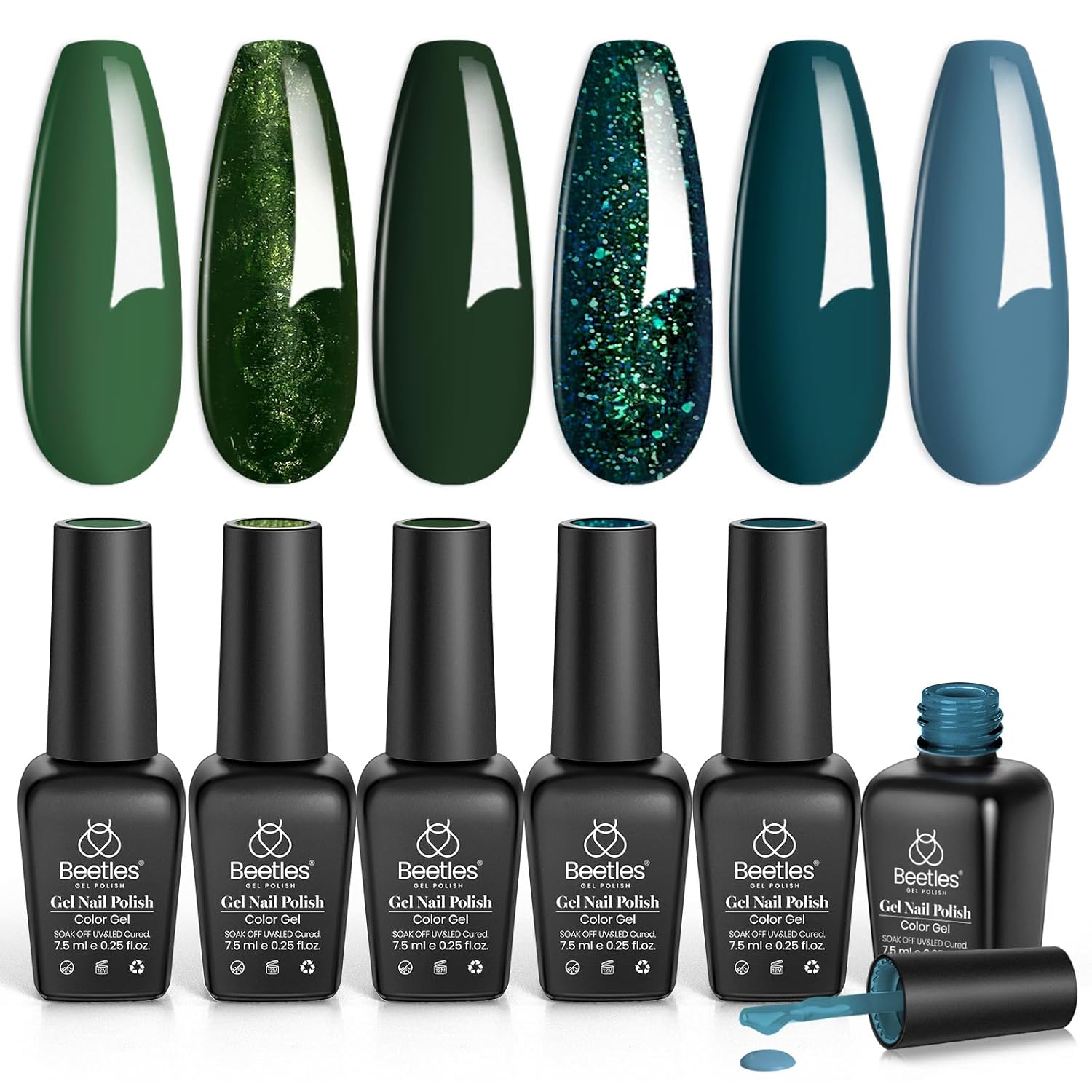 Beetles Green Gel Nail Polish Set 6 Colors Forest Dark Green Gel Nail Polish Soak Off Uv LED Nail Lamp Gel Nail Kit Home DIY Manicure Nail Salon