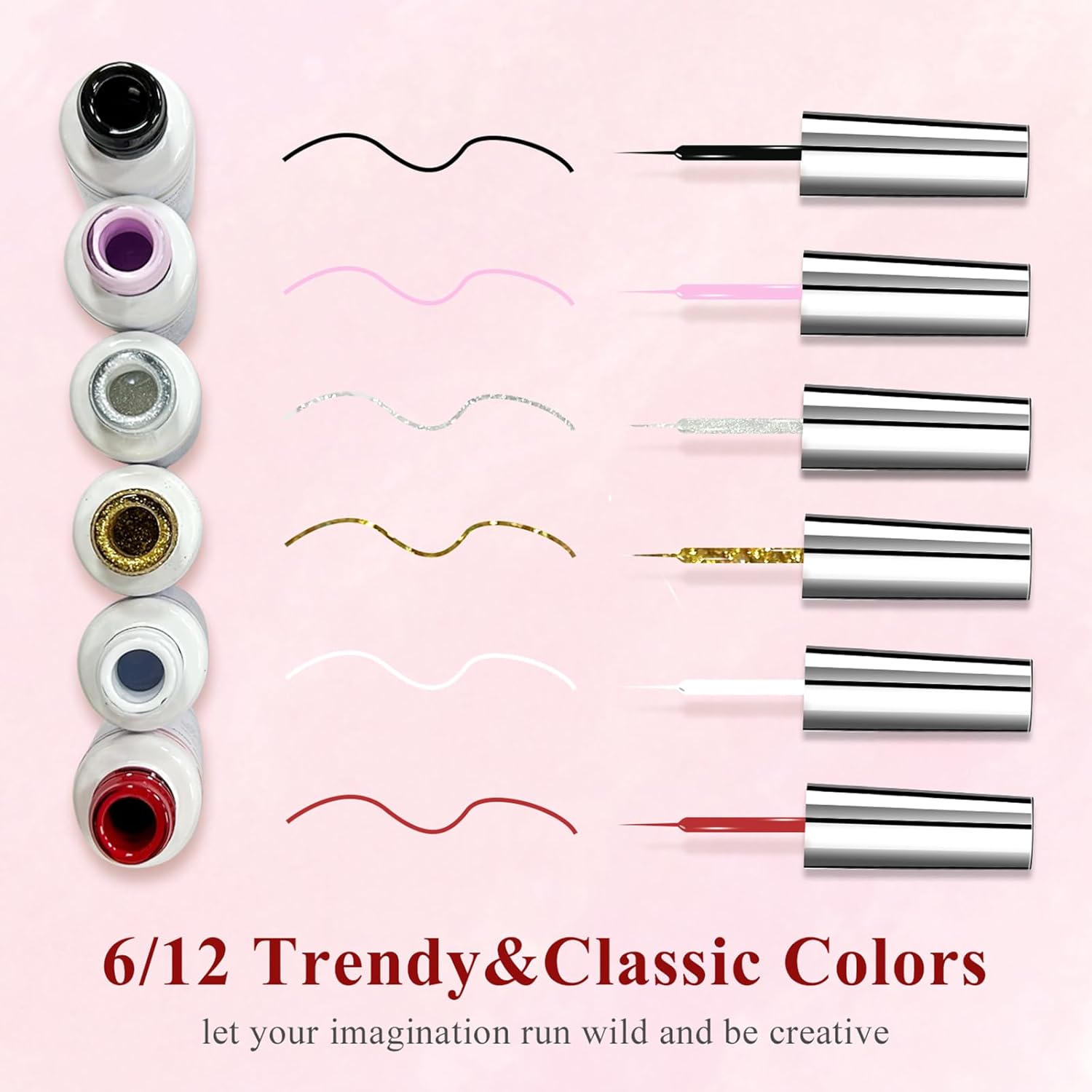 Nail Art Liner Set 6 Pcs Black White Red Gold Silver Glitters Colors Paint Swirl Built Thin Brush in Bottle Soak off Led Lamp Gel Liner Nail Polish Manicure Kits - Image 3