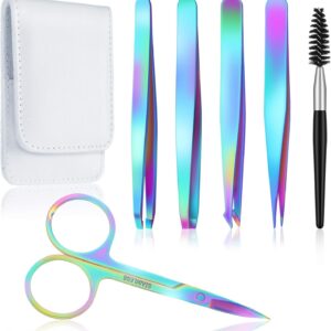 Honoson 6 Pcs Eyebrow Tweezers Set for Women Precision Tweezer for Eyebrows with Curved Scissors Eyelash Brush Girls Facial Hair Plucking Daily Beauty Tools with Leather Storage Case(Rainbow Color)