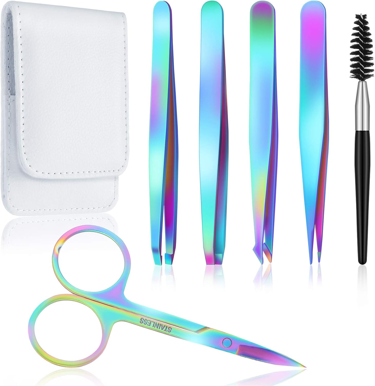 Honoson 6 Pcs Eyebrow Tweezers Set for Women Precision Tweezer for Eyebrows with Curved Scissors Eyelash Brush Girls Facial Hair Plucking Daily Beauty Tools with Leather Storage Case(Rainbow Color)
