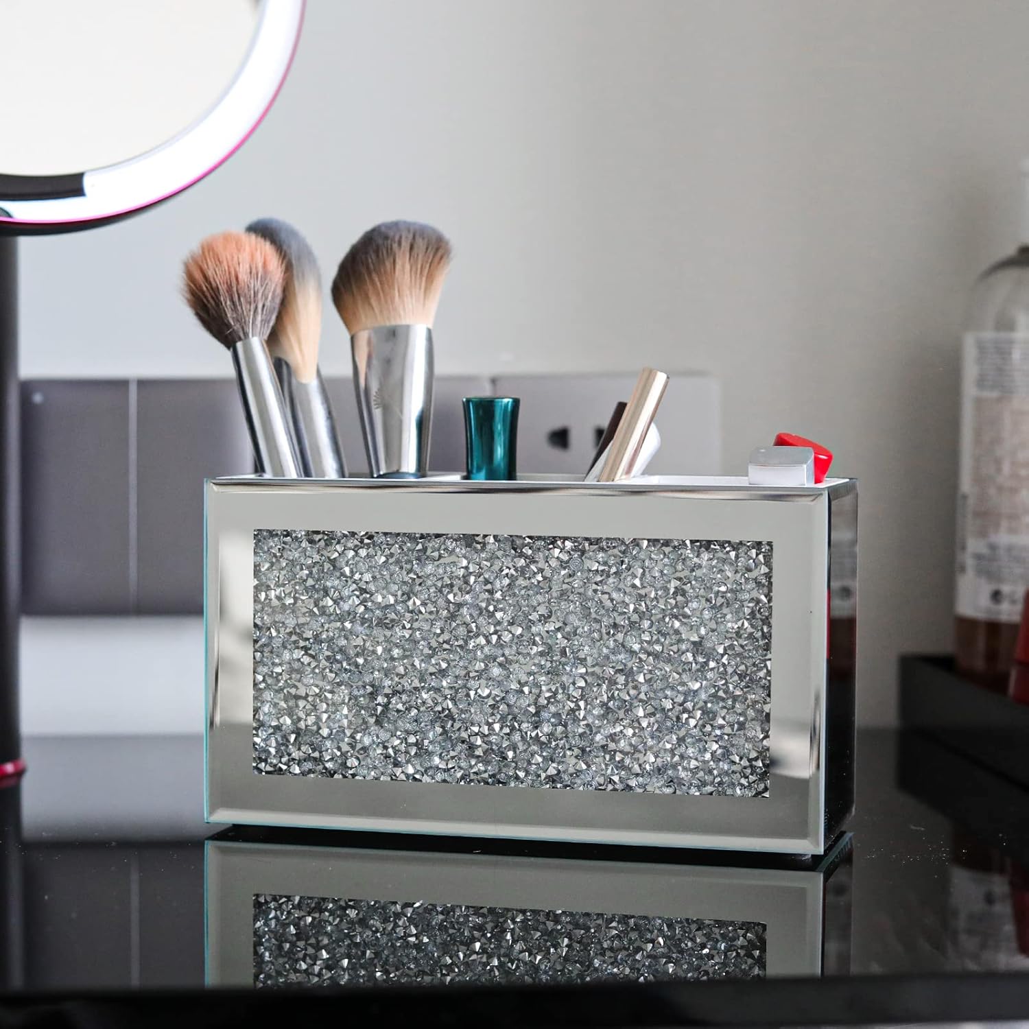 SWTHONY Silver Makeup Brush Holder Organizer, Bling 3 Slot Crushed Diamond Crystal Mirrored Cosmetic Brushes Storage, Eyeliners Eyebrow Pencil Display Case - Image 5