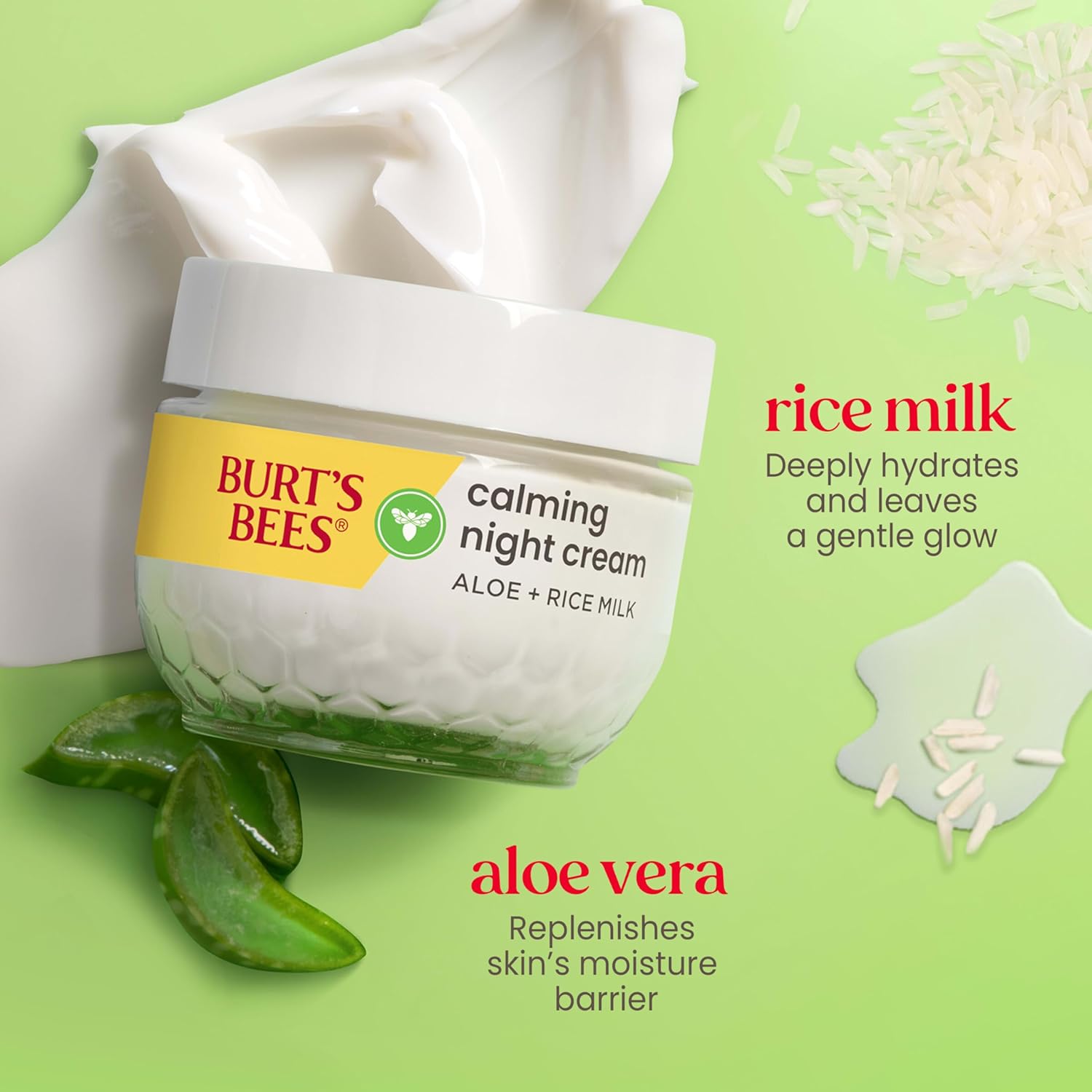 Burt's Bees Calming Night Cream, With Aloe and Rice Milk, Face Moisturizer For Sensitive Skin Infuses Skin With Moisture While You Sleep, 98.8 Percent Natural Origin, 1.8 oz. Tub - Image 4