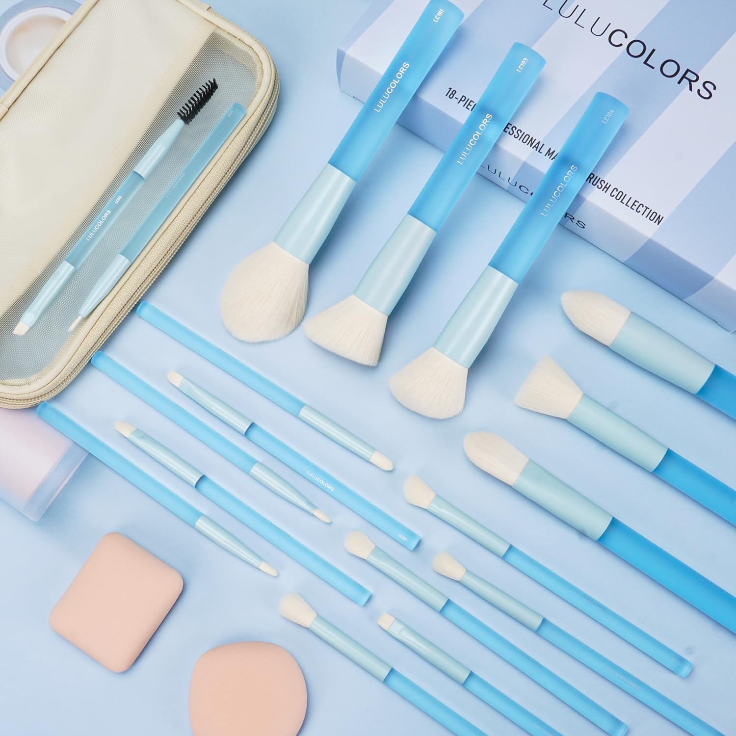 18-Piece Light Blue Professional Makeup Brush Set – Translucent Rubberized Handles, Soft Synthetic Bristles for Face & Eye Makeup – Includes Travel Bag & Sponges,Complete Brush Collection - Image 2