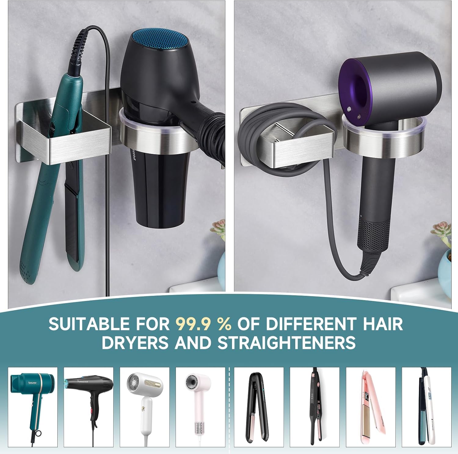 Hair Dryer Holder, Hair Tool Organizer, Stainless Steel Blow Dryer Holder Wall Mounted, Adhesive Straightener Holder, Bathroom Hair Care Styling for Flat Iron,Curling Iron,Hairdryer - Image 4
