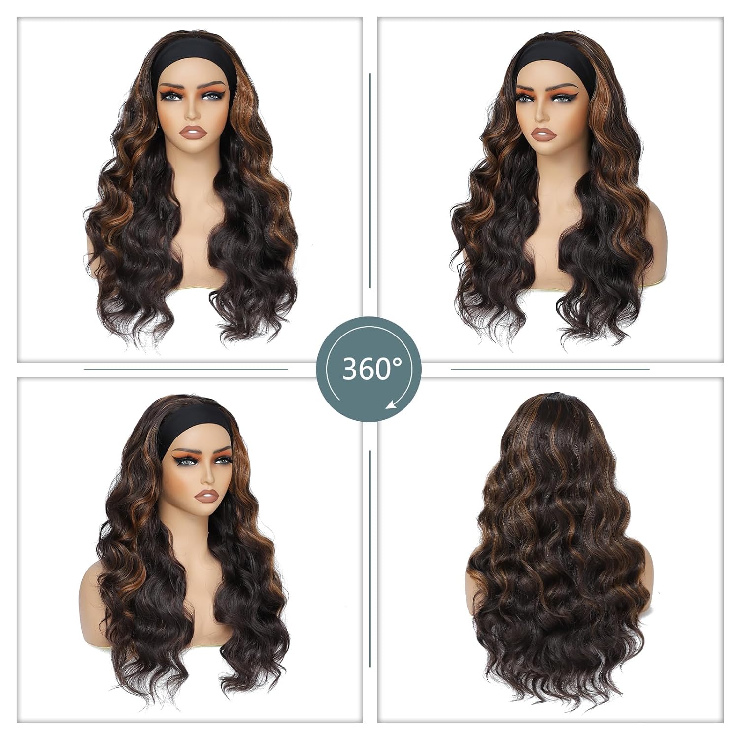 xccoco Long Wavy Headband Wig for Women Black Wigs with Brown Blonde Highlight 200% Denisty Headband Wigs Put On and Go Glueless Wig Long Synthetic Wig for Women Party Daliy Use - Image 6