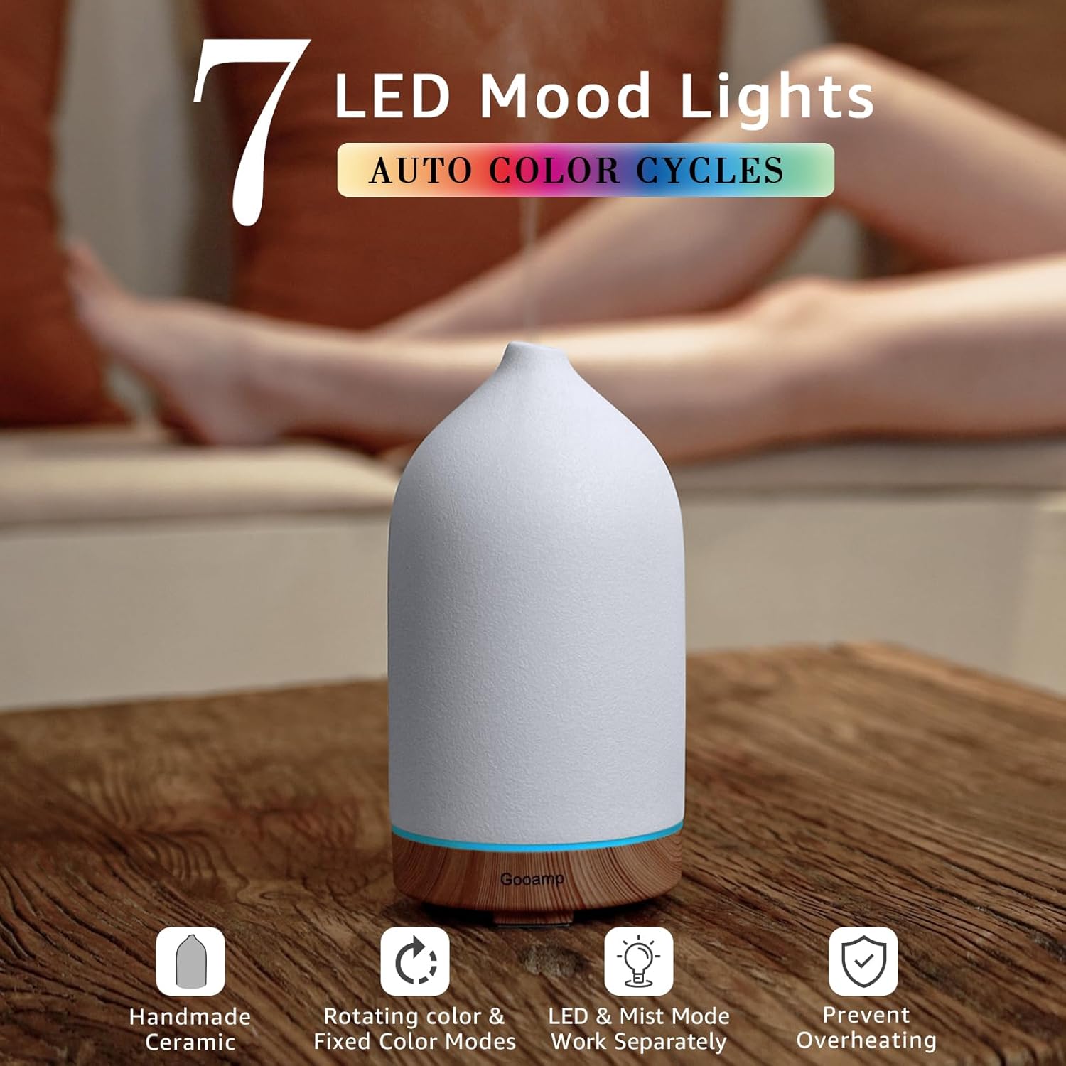 200ML Ceramic Essential Oil Diffuser - Ultrasonic Aromatherapy & Humidifier with 7-Color LED Lights, Auto Shut-Off, Wood Grain Base, 1H/3H/6H Timer | Scent for Home, Office, Yoga - Image 2