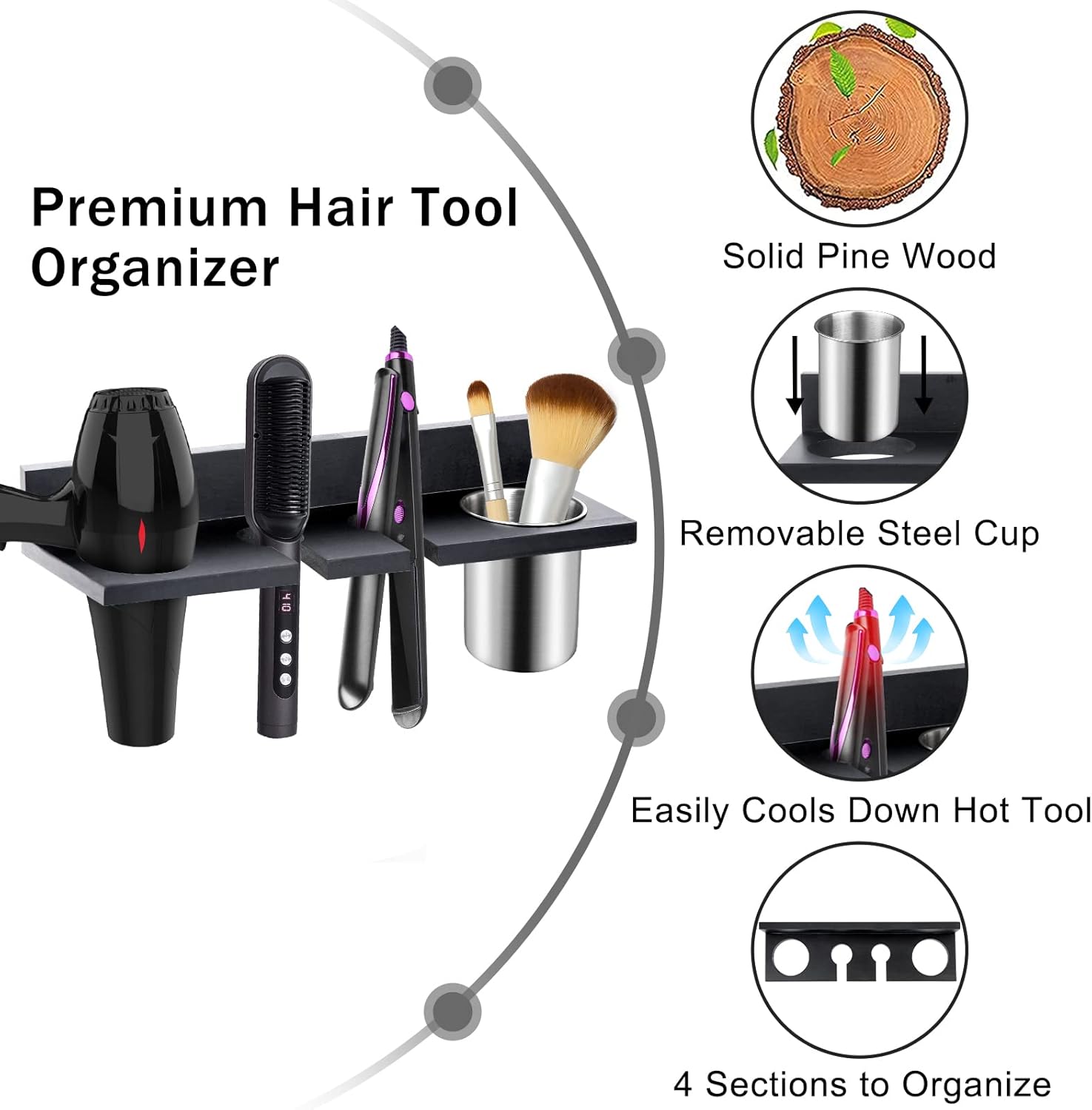 Wooden Hair Tool Organizer - Wall Mounted Blow Dryer Holder for Bathroom, Rustic Styling Tools Organizer for Flat Iron, Curling Wand, Straighteners, Brushes, Black - Image 4
