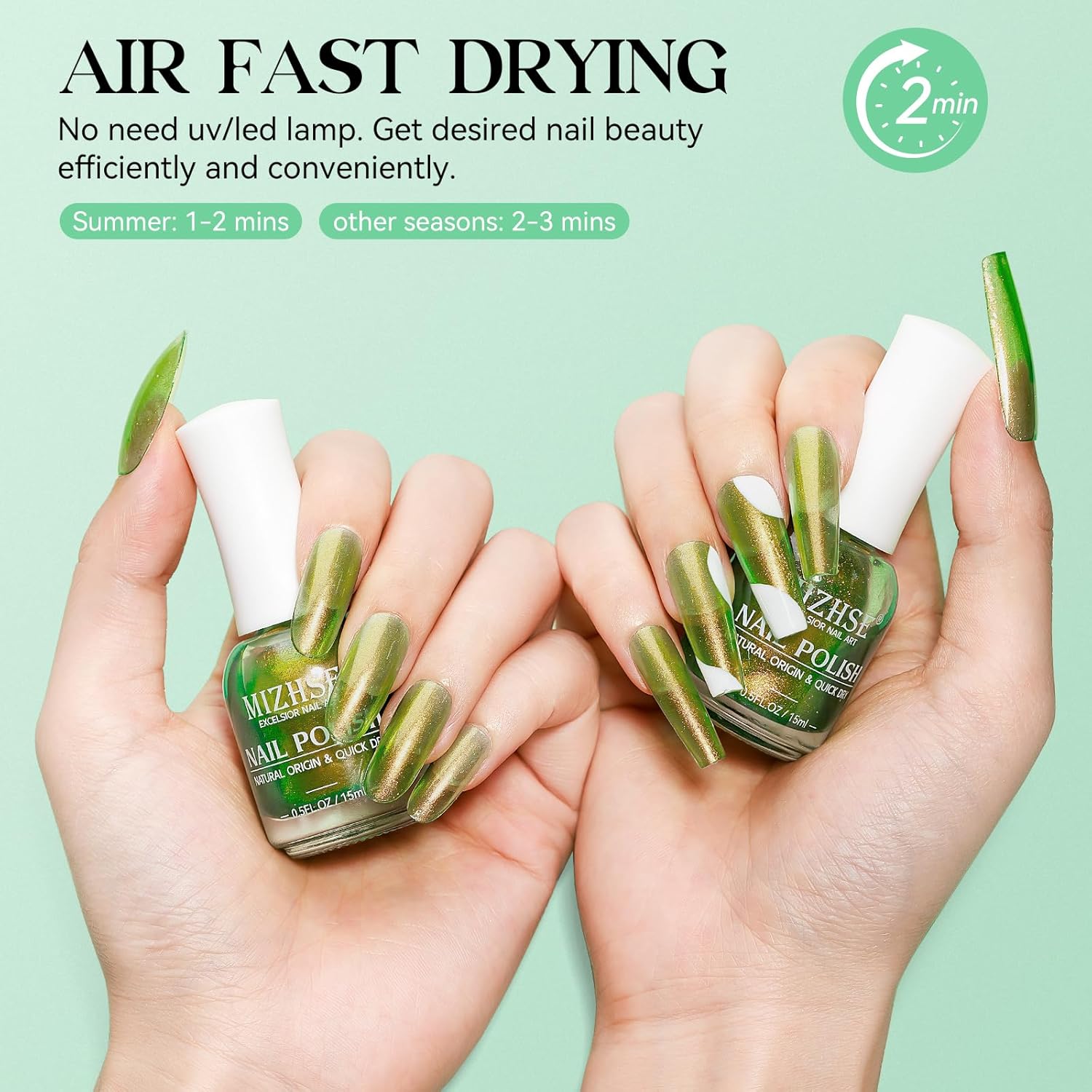 MIZHSE Quick Dry Nail Polish, Holographic Neon Green Nail Polish Air Dry Fast, 15ml/0.5 fl oz Regular Shiny Glitter Oil-based Shimmery Nail Lacquer Non Gel Nail Art Salon Manicure Home DIY - Image 3