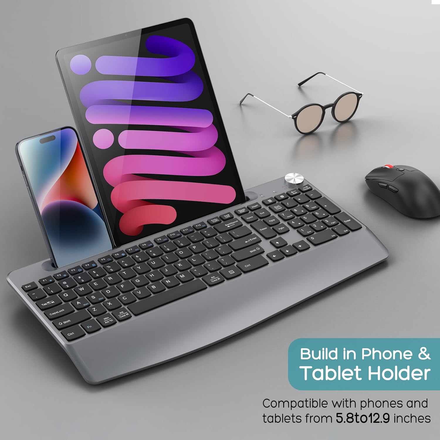 Ergonomic Wireless Keyboard and Mouse with Wrist Rest,Phone Holder - 2.4GHz Full-Sized Low-Profile Quiet Wireless Mouse and Keyboard Combo for Computer, Laptop, PC, Mac-Grey - Image 3
