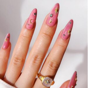 Almond Press on Nails Medium Press on Nails Pink Fake Nails Bubblegum Pink Glue on Nails with Star Design Acrylic Nails Summer Nails for Women