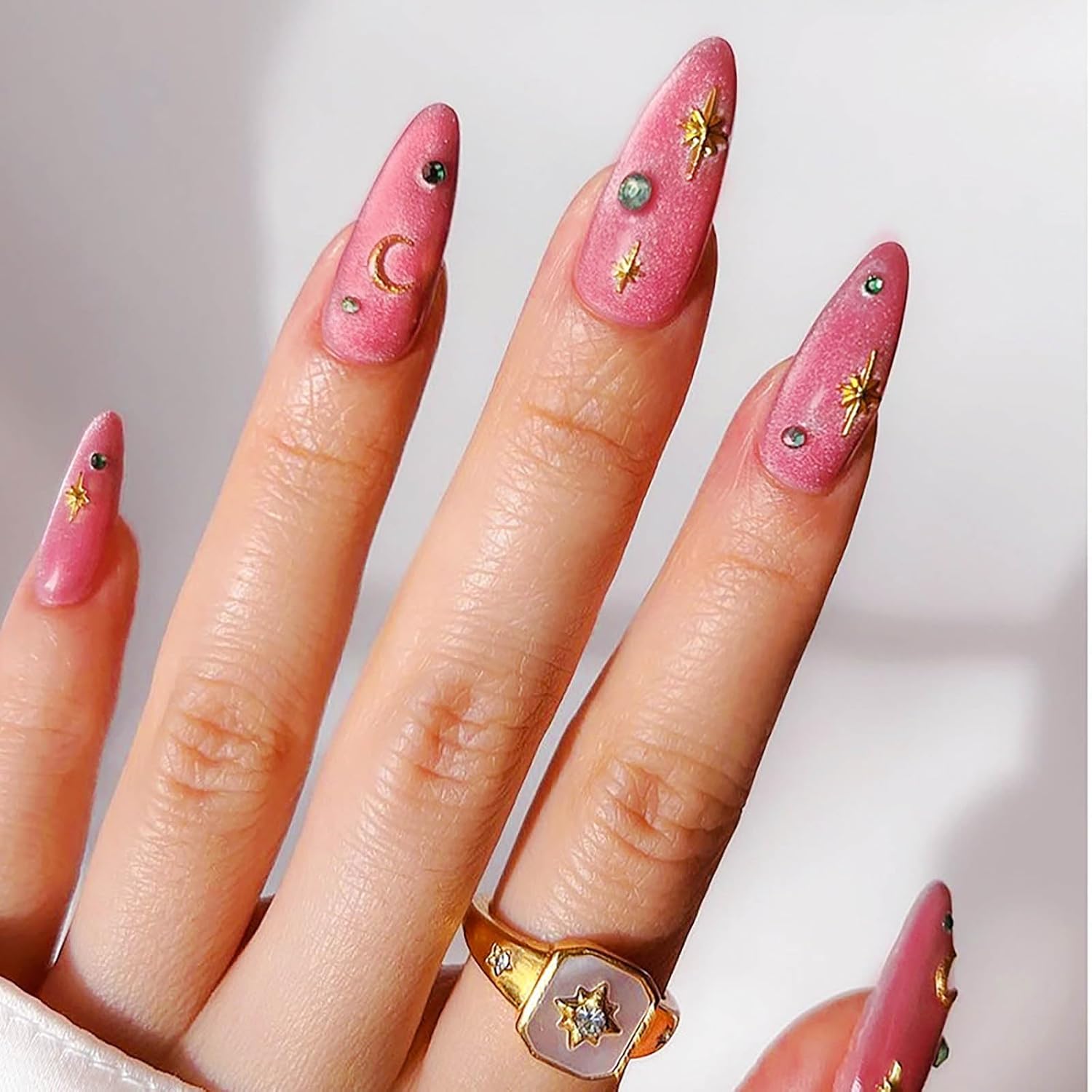 Almond Press on Nails Medium Press on Nails Pink Fake Nails Bubblegum Pink Glue on Nails with Star Design Acrylic Nails Summer Nails for Women