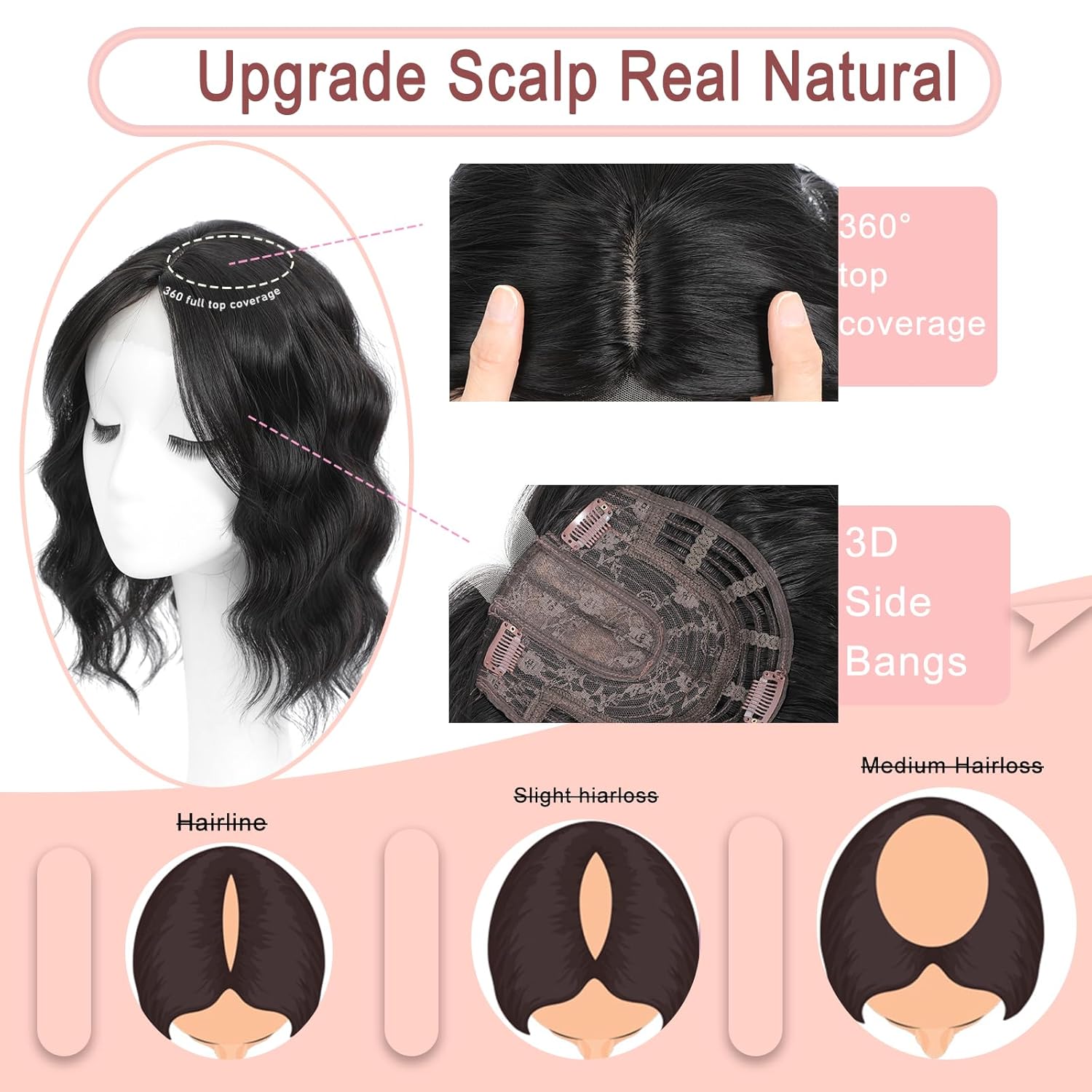 Hair Toppers for Women with Thinning Hair, 3D Toppers Pieces for Women Middle Part Clip in Bangs Synthetic Curly Wavy Daily (Black, Side bangs) - Image 4