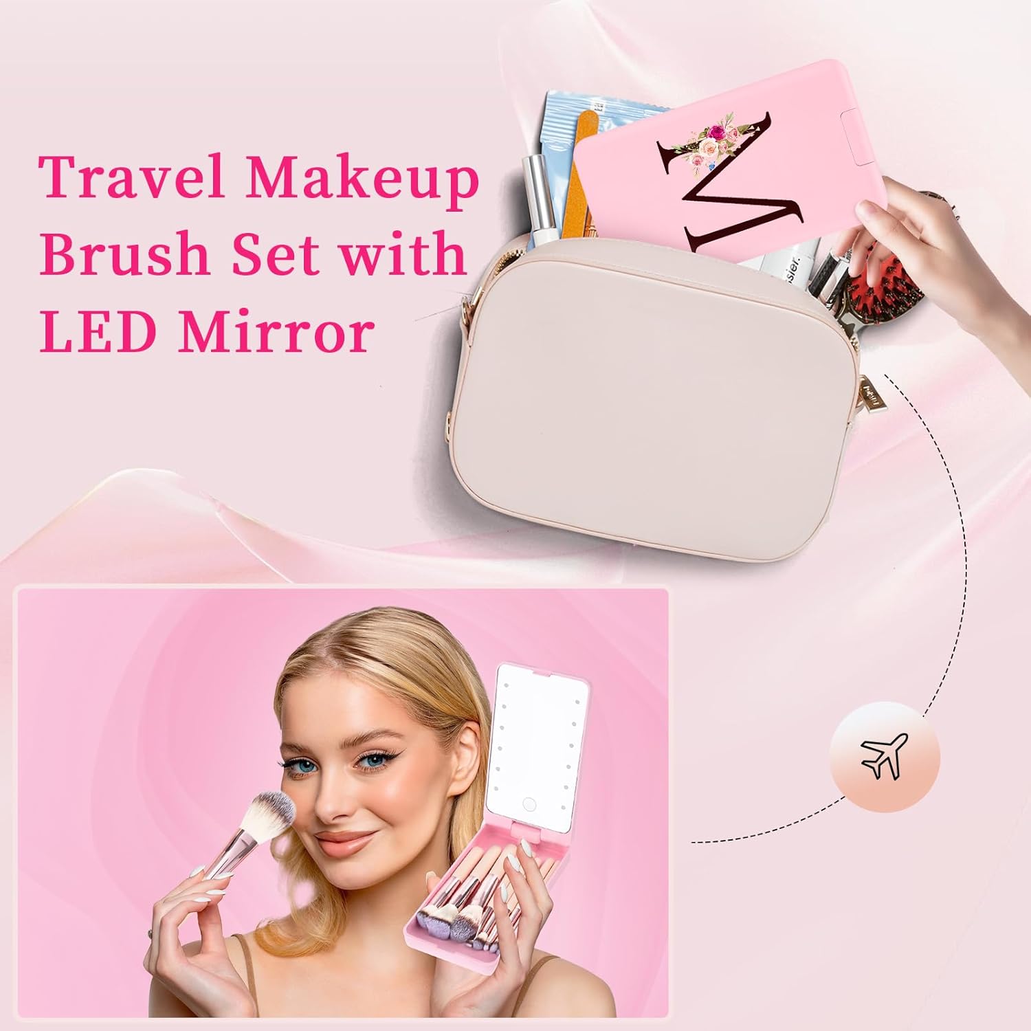 Mini 8-Piece Travel Makeup Brush Set with LED Light Mirror, Personalized Monogrammed Brush Teen Girls, Stylish and Compact Travel Essentials(PINK-M) - Image 2