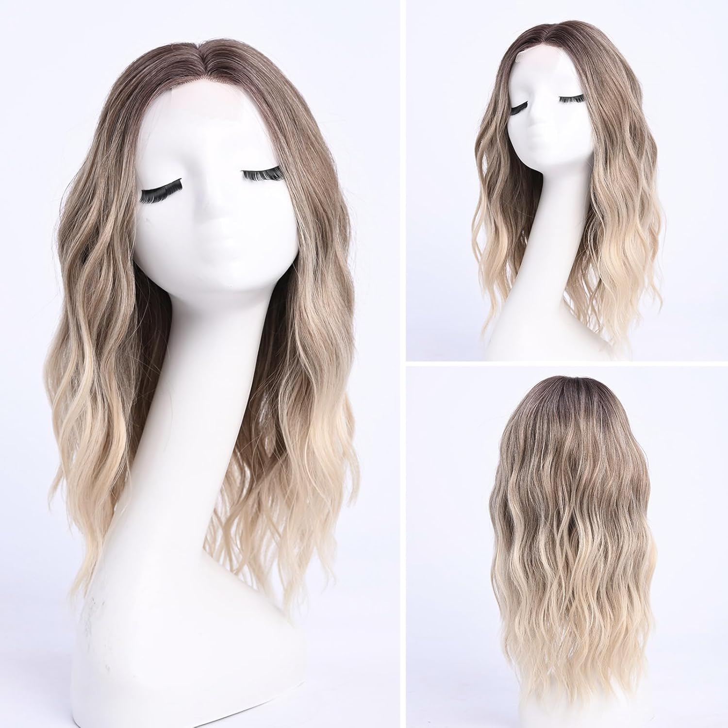 Medium Length Ombre Blonde Ash Wavy Wigs for Women 18 Inch Middle Part Wavy Blond Wig Natural Looking Dirty Blonde Synthetic Heat Resistant Fiber Dark Roots Wig for Daily Party Use (18 inch) - Image 2