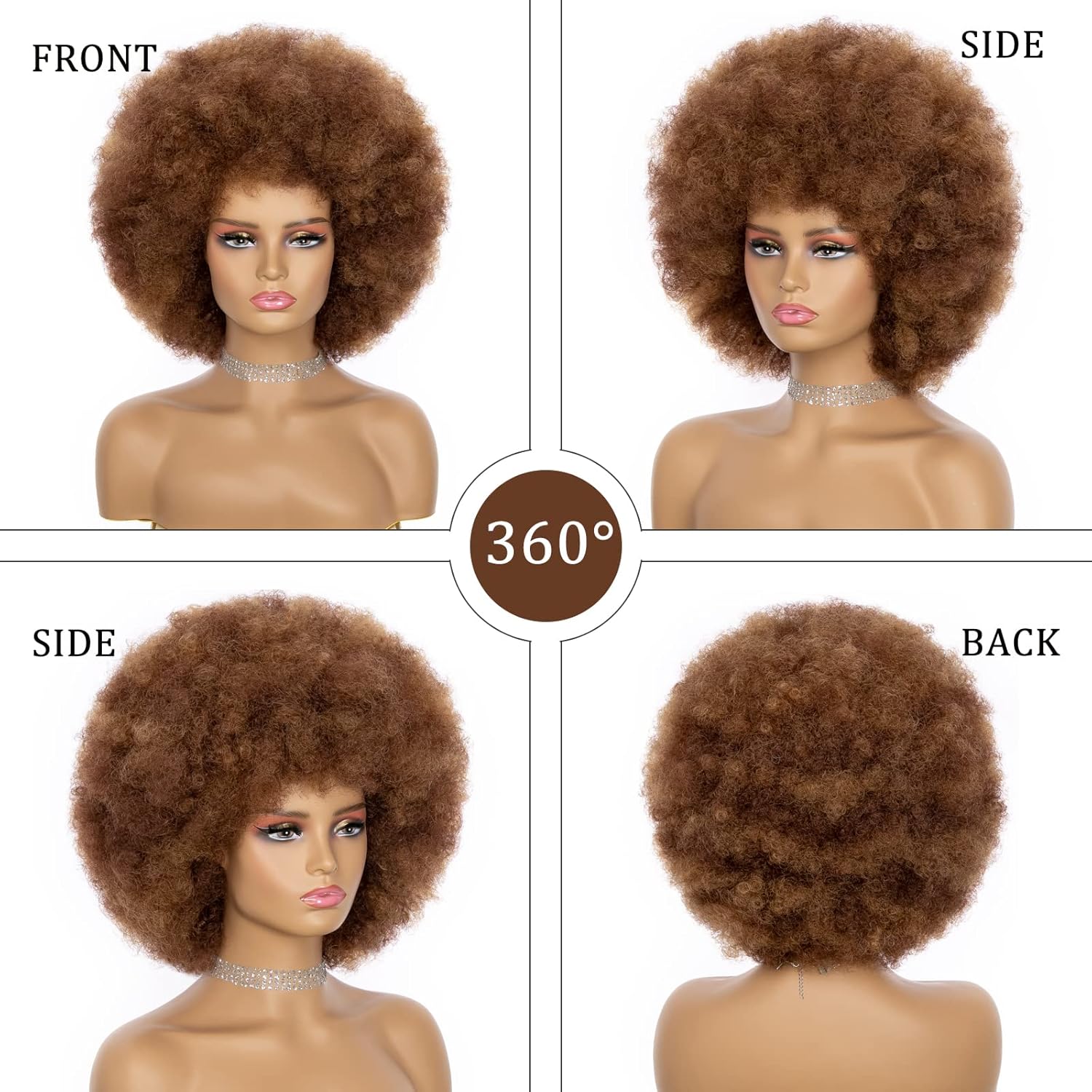 Afro Wig For Women - Mix Brown 70s Afro Wigs Natural Looking Huge Afro Kinky Curly Wigs With Bangs Short Bouncy Afro Curly Wig Soft Afro Puff Wig Synthetic Hair Afro Wig For Daily Party Use - Image 2