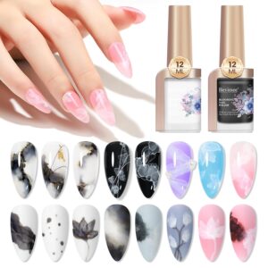 Blooming Gel Nail Polish Marble Nail Polish 12ML Watercolor Marble Ink for Nails Black & White, Spreading Magic Blossom Effect Flower Nail Art Design Manicure DIY At Home, 2PCS