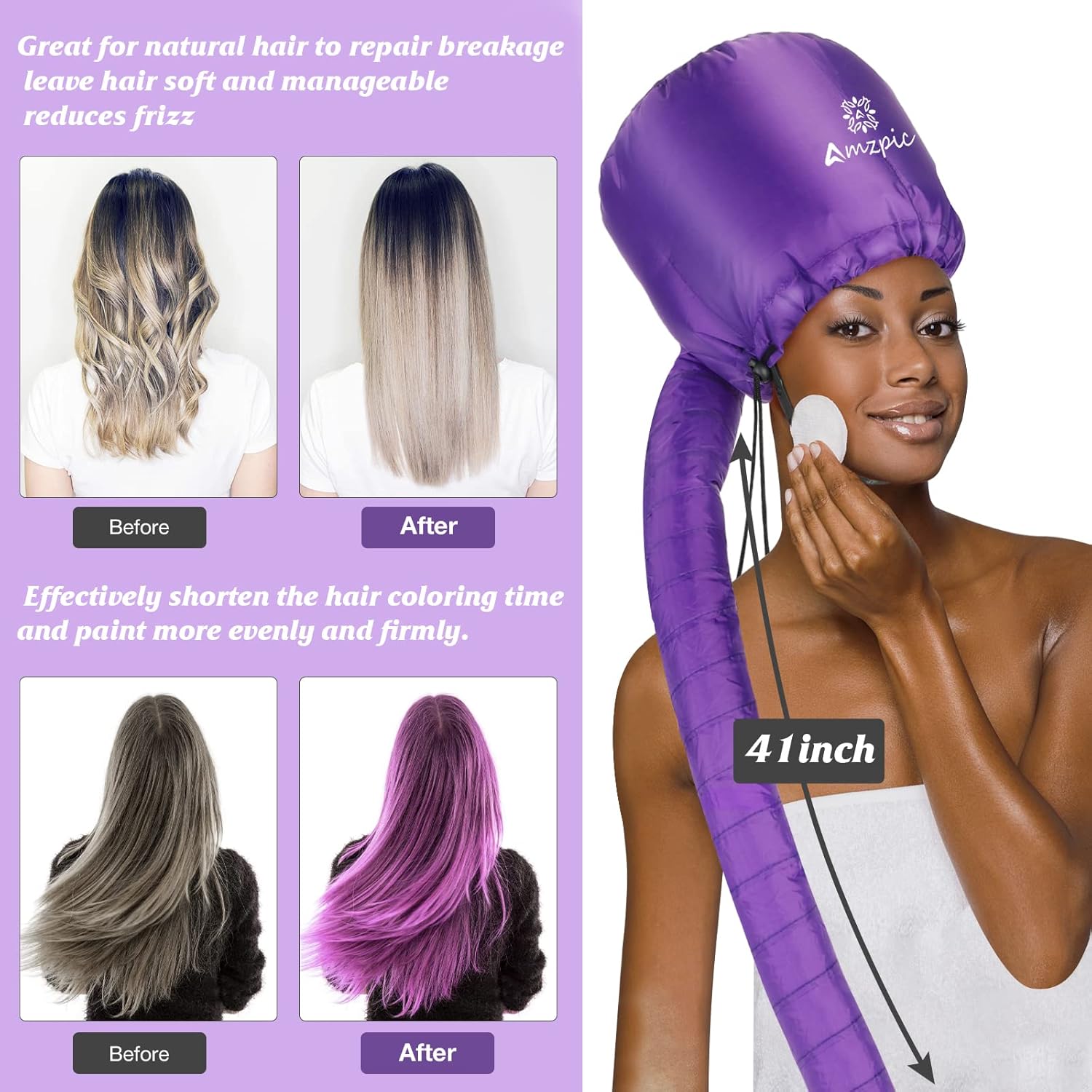 Bonnet Hood Hair Dryer Attachment - Soft, Adjustable Extra Large Bonnet Hair Dryer for Speeds Up Drying Time at Home, Easy to Use for Styling, Curling and Deep Conditioning (Purple) - Image 6