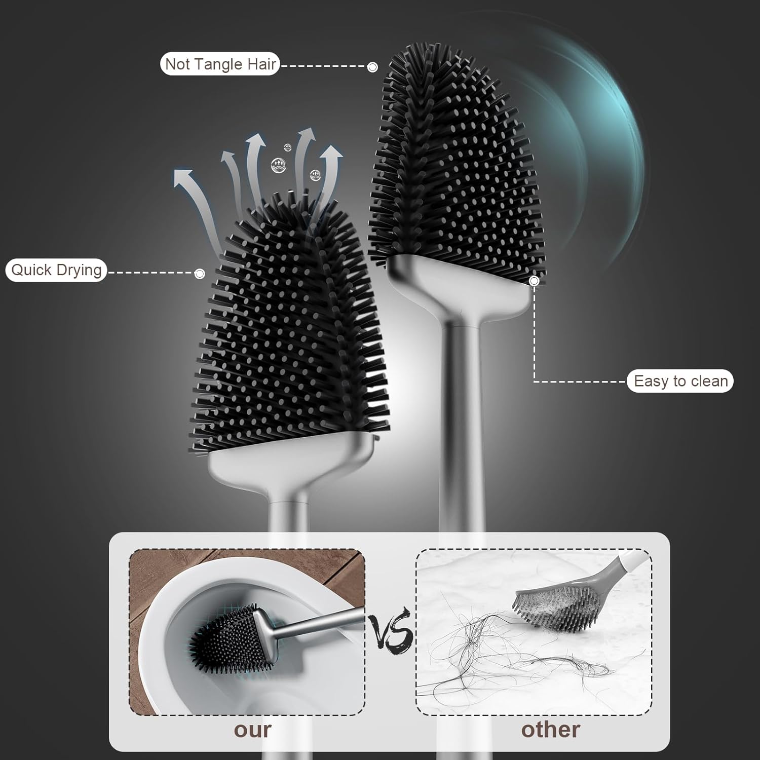 Sellemer Silver Toilet Brush and Holder Set with Flexible Silicone Bristles Compact Size - Image 3