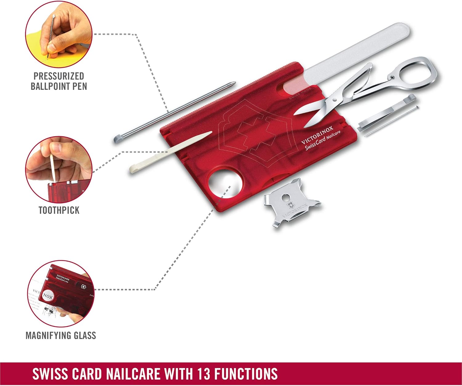 Victorinox SwissCard Nailcare 13 Function Multitool, Ruby - Image 2