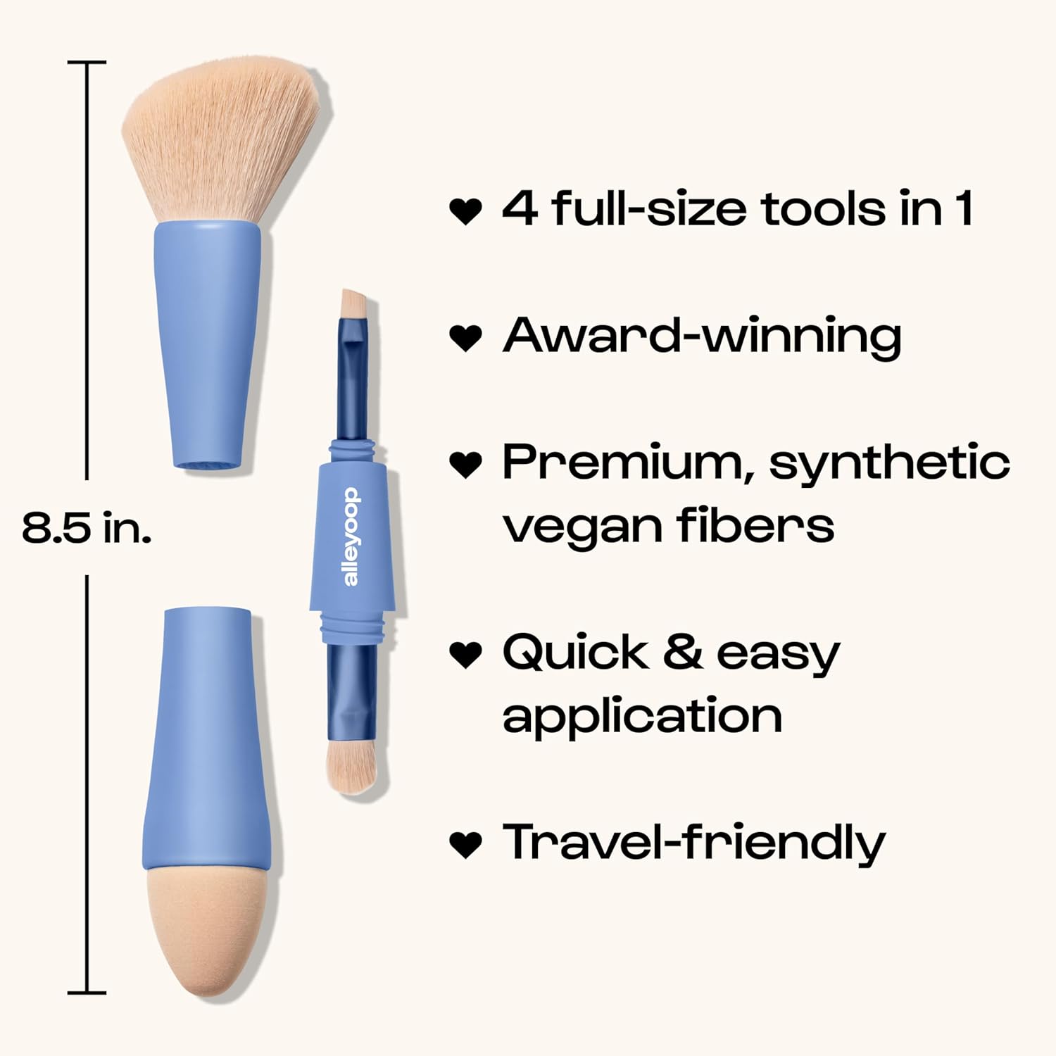 Alleyoop Multi-Tasker 4-in-1 Travel Makeup Brush Set – Compact Makeup Brushes with Blending Sponge, Eyeshadow, Eyebrow & Liner, Blush & Bronzer Brush – Mini Makeup Tools Kit for Women, Vegan - Image 2