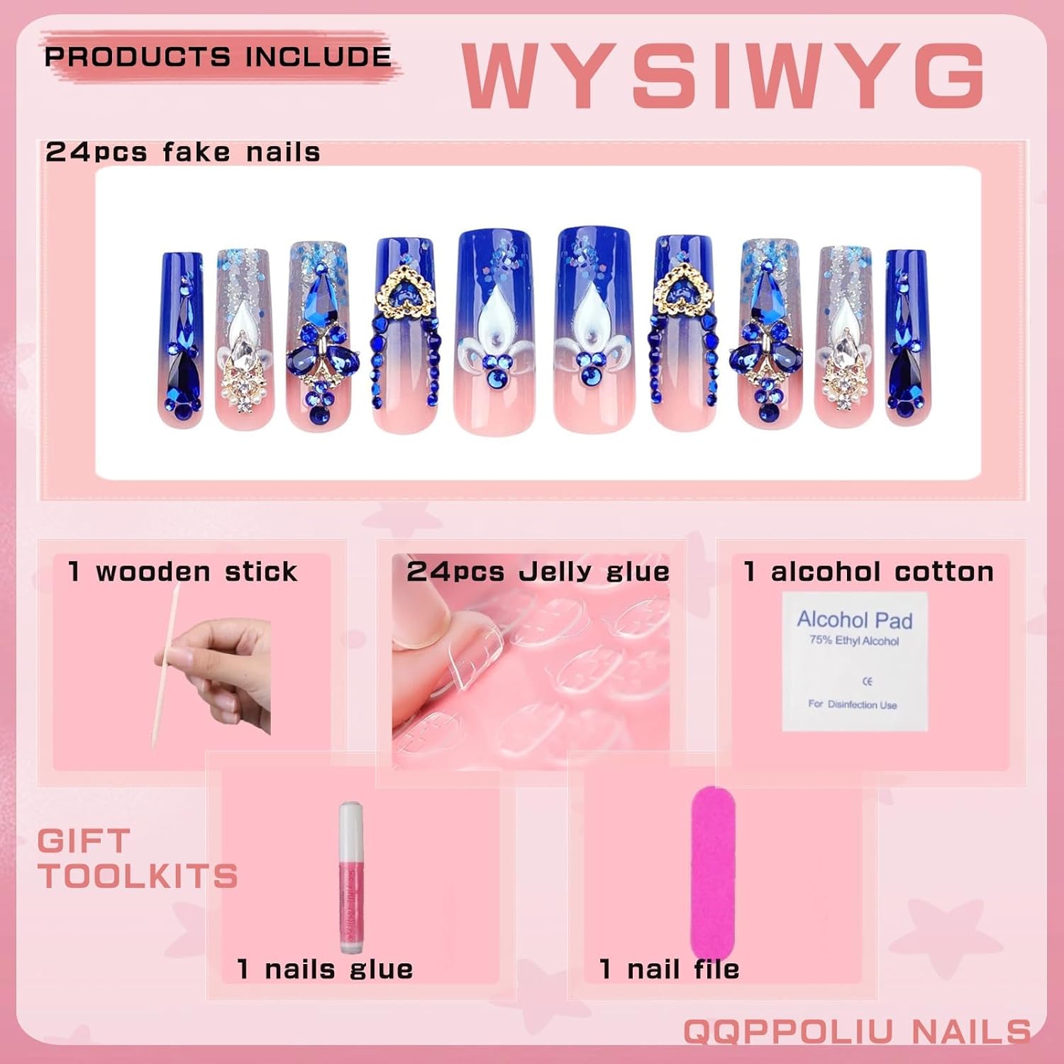 Royal Blue Press on Nails Long Length Square Shape Acrylic Fake Nails with Rhinestones Designs False Nails Mother'S Day Gift 24pcs - Image 2