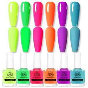 Born Pretty Neon Nail Polish Set, 6 Bright Colors Quick Dry Nail Polish Hot Pink Orange Yellow Green Blue Purple Spring Summer Nail Polish 10ml 0.34oz Fluorescent Nail Lacquer Glossy Nail Polish Set
