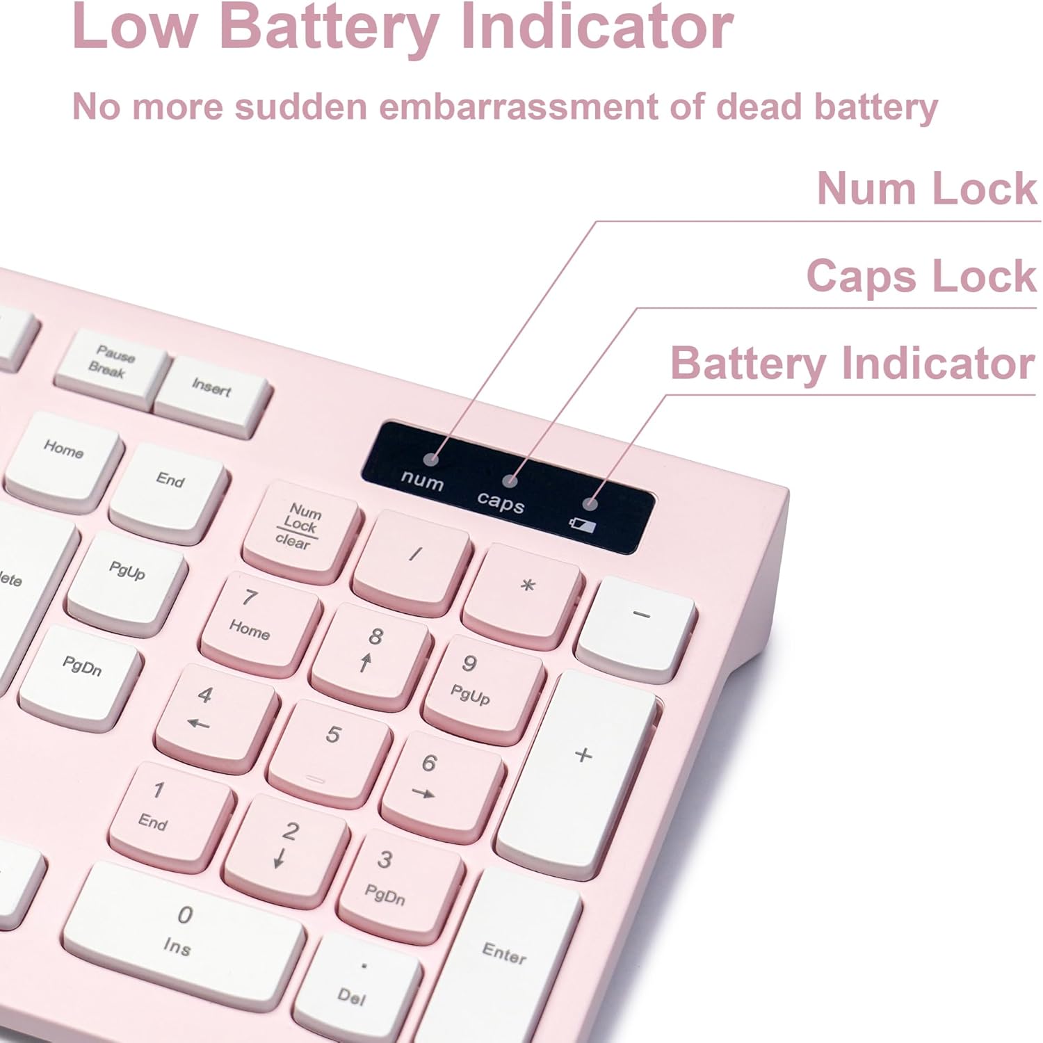Wireless Keyboard and Mouse Combo, Reccazr 2.4G Full-Sized Keyboard and Mouse Cordless, 3 DPI Adjustable Mouse, Dual-System Keyboard for Computer/Laptop/Windows/Mac (Pink & White) - Image 6